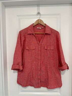 Studio Works Dark Coral Linen Cotton Button Front Shirt 3/4 Sleeve Women’s XL